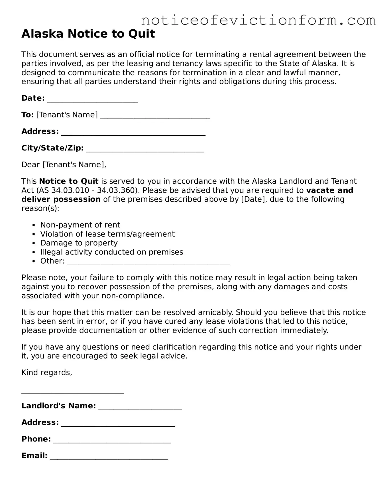 Valid  Notice to Quit Form for Alaska