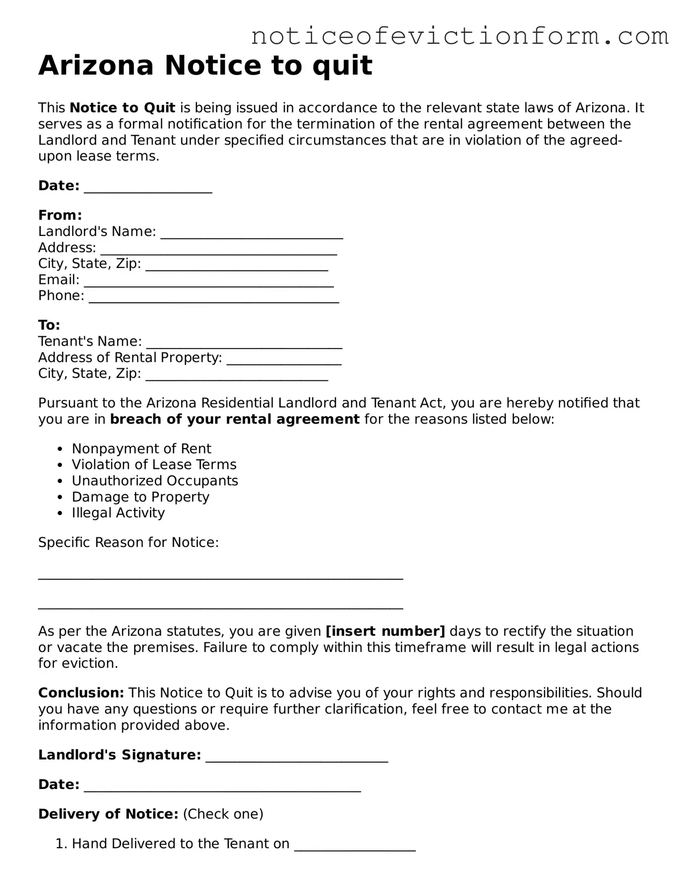 Valid  Notice to Quit Form for Arizona