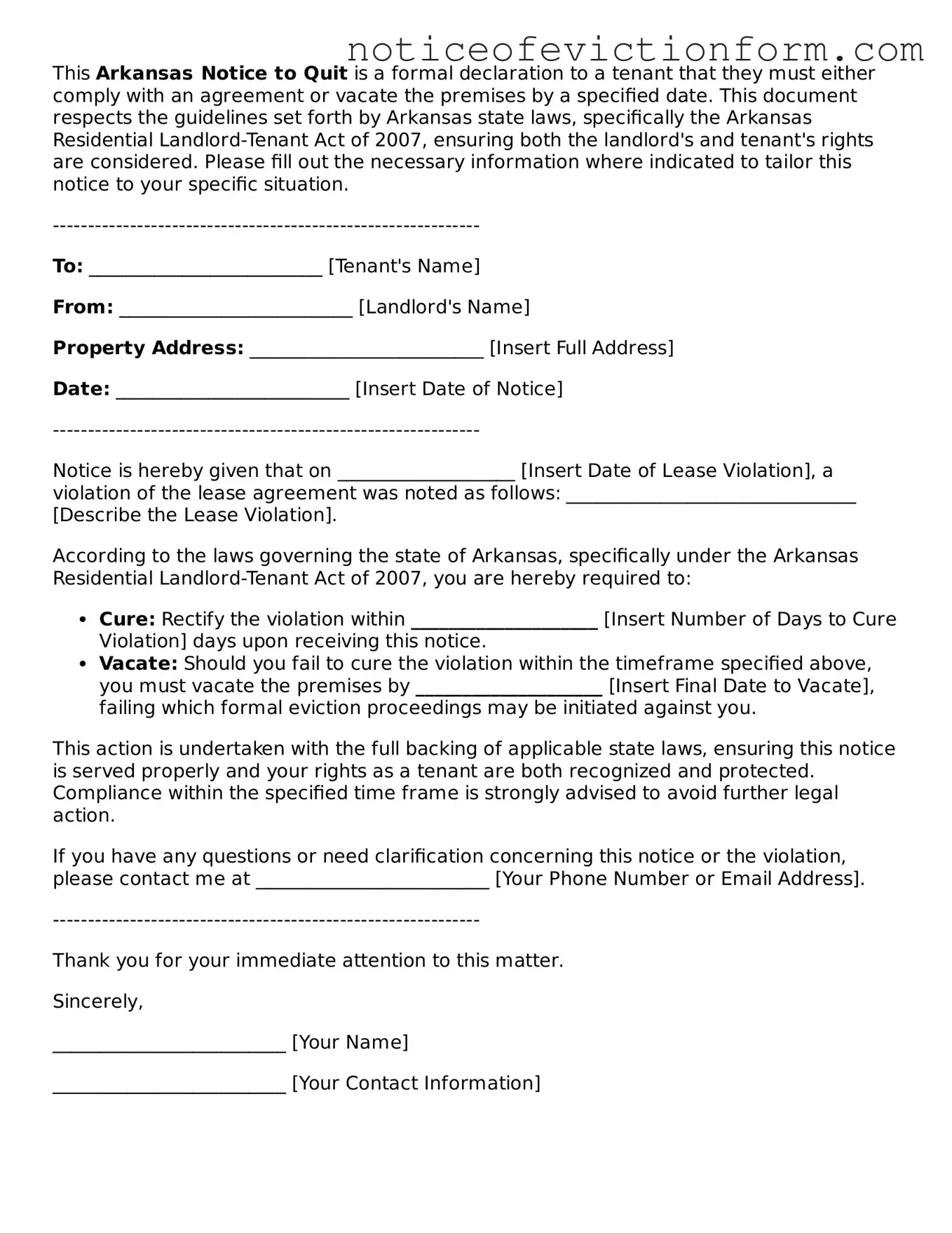 Valid  Notice to Quit Form for Arkansas