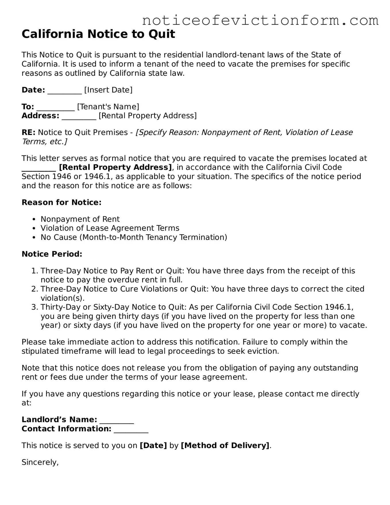 Valid  Notice to Quit Form for California