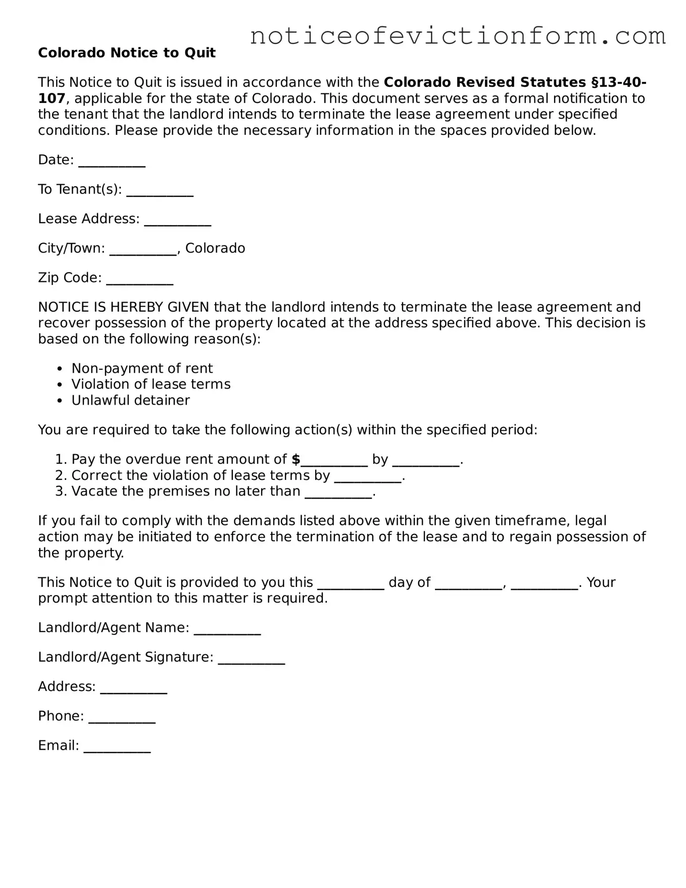Valid  Notice to Quit Form for Colorado