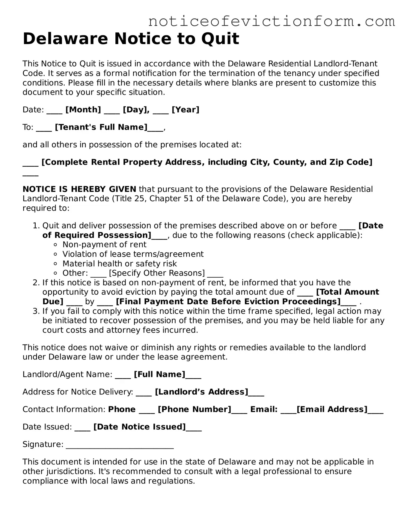 Valid  Notice to Quit Form for Delaware