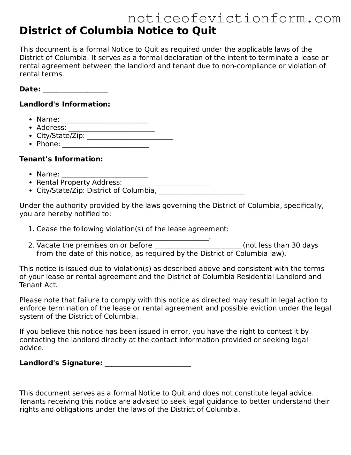 Valid  Notice to Quit Form for District of Columbia