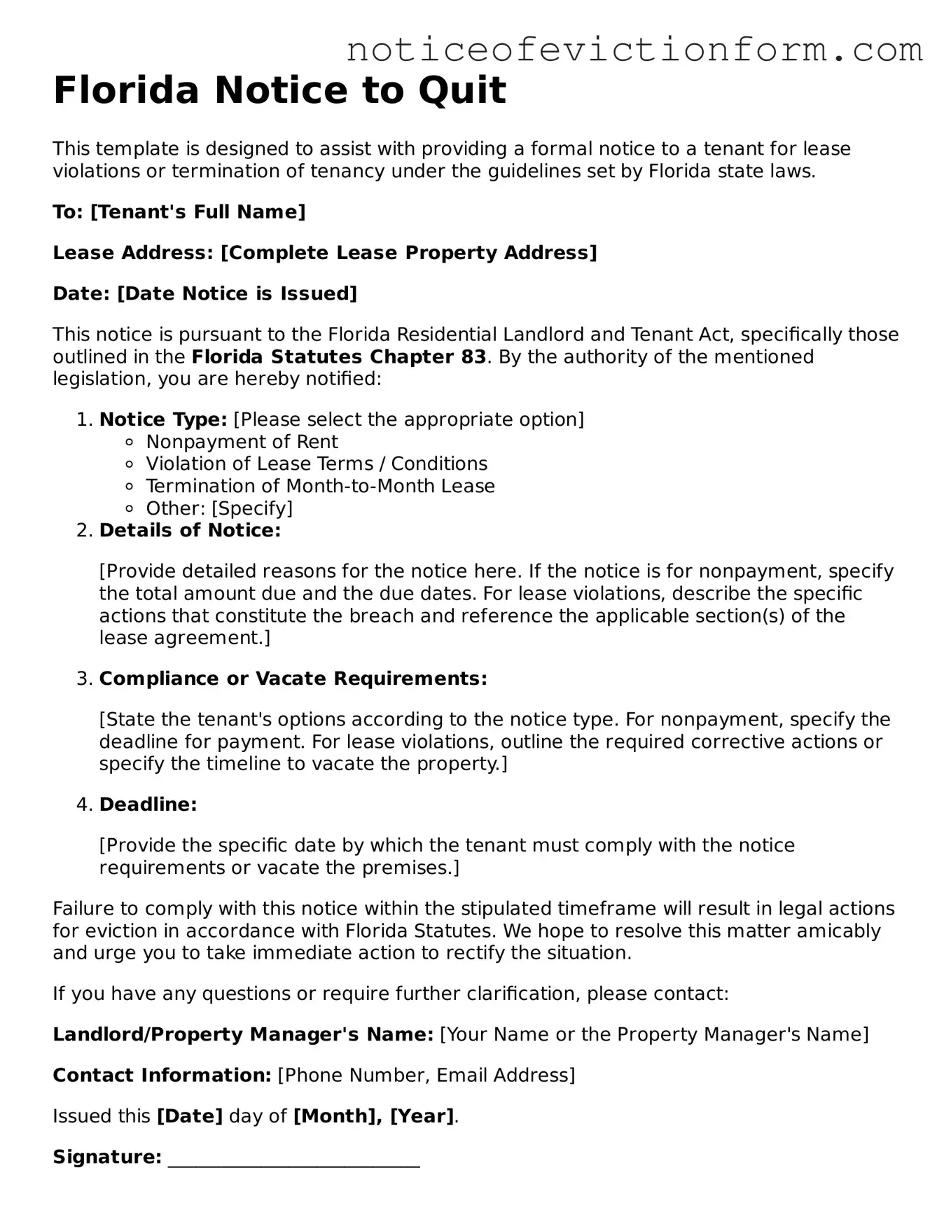 Valid  Notice to Quit Form for Florida