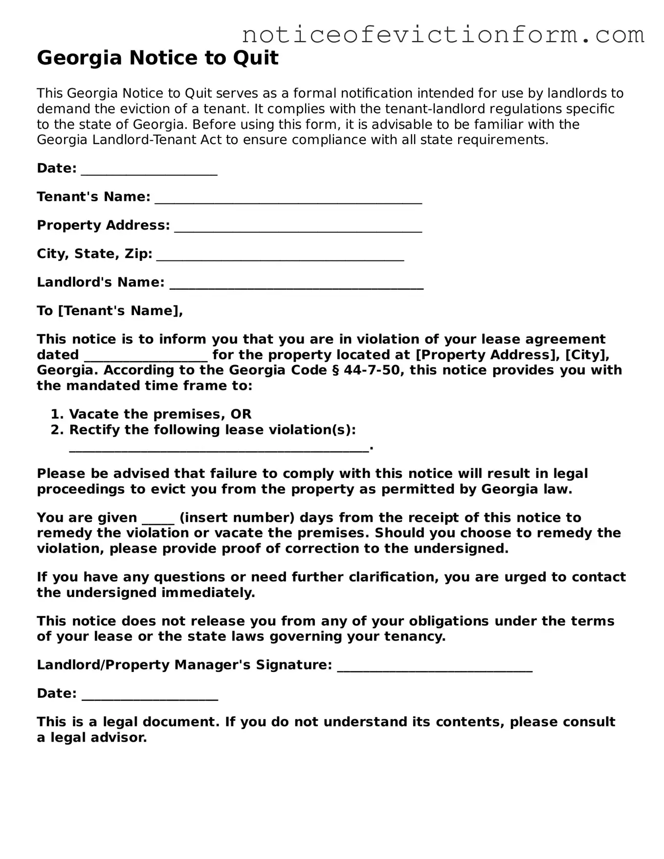 Valid  Notice to Quit Form for Georgia