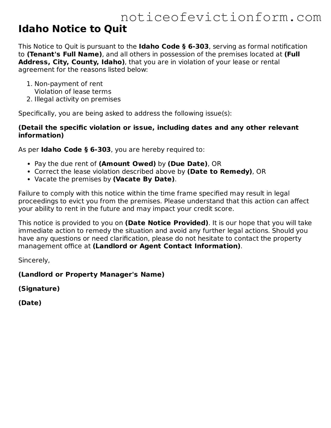 Valid  Notice to Quit Form for Idaho