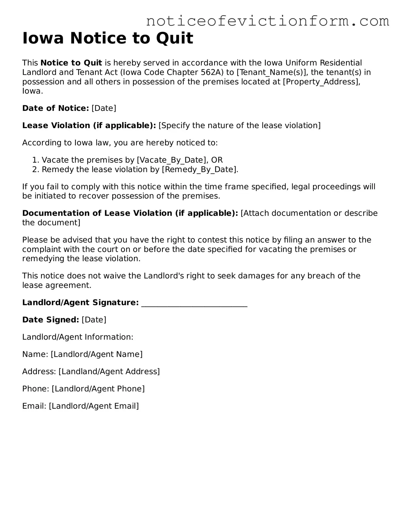 Valid  Notice to Quit Form for Iowa