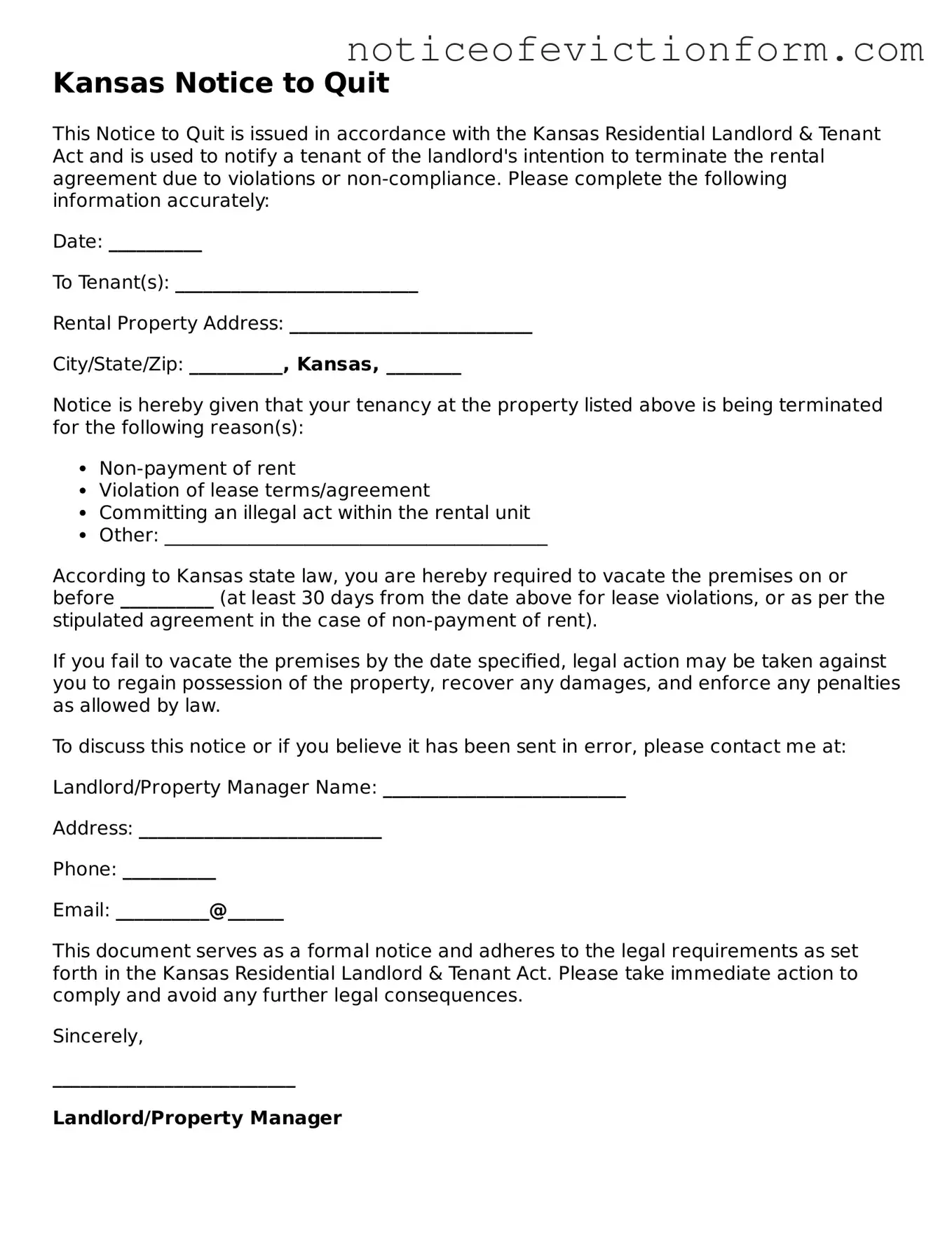 Valid  Notice to Quit Form for Kansas