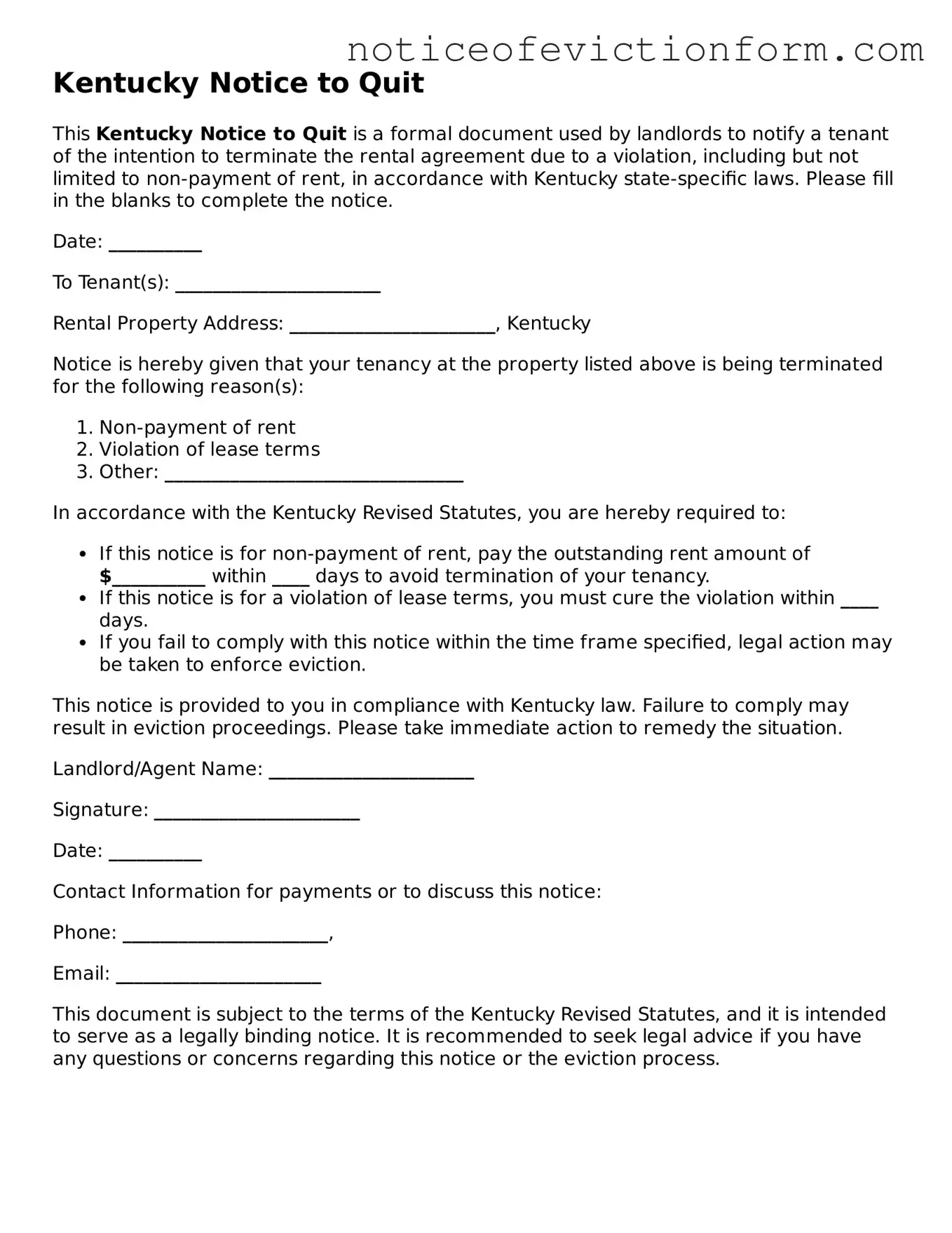 Valid  Notice to Quit Form for Kentucky