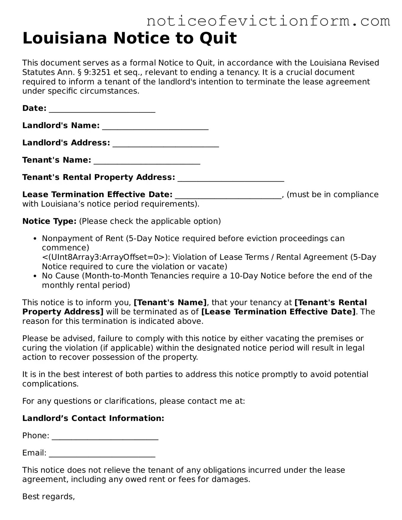 Valid  Notice to Quit Form for Louisiana