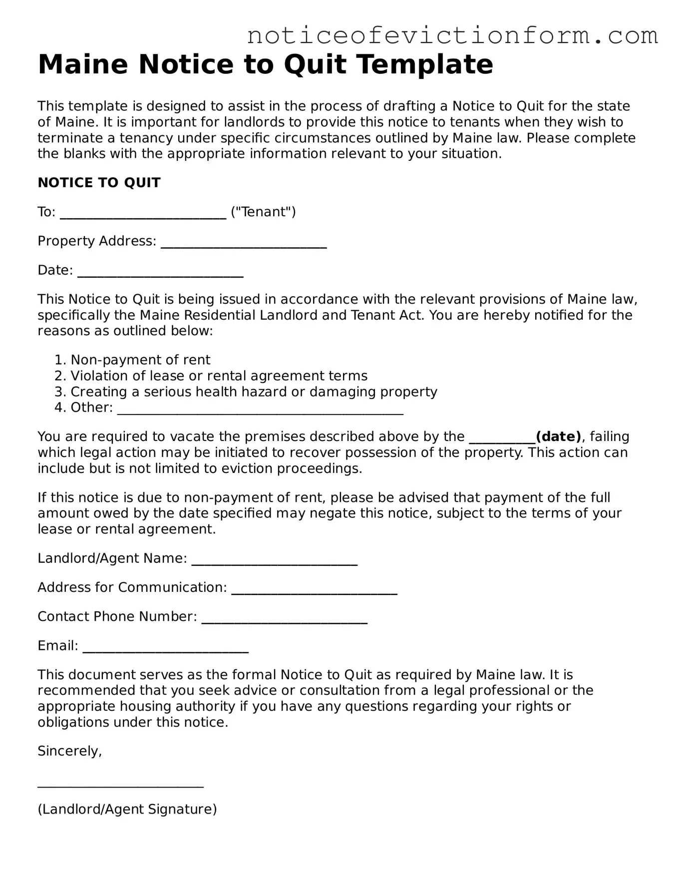 Valid  Notice to Quit Form for Maine