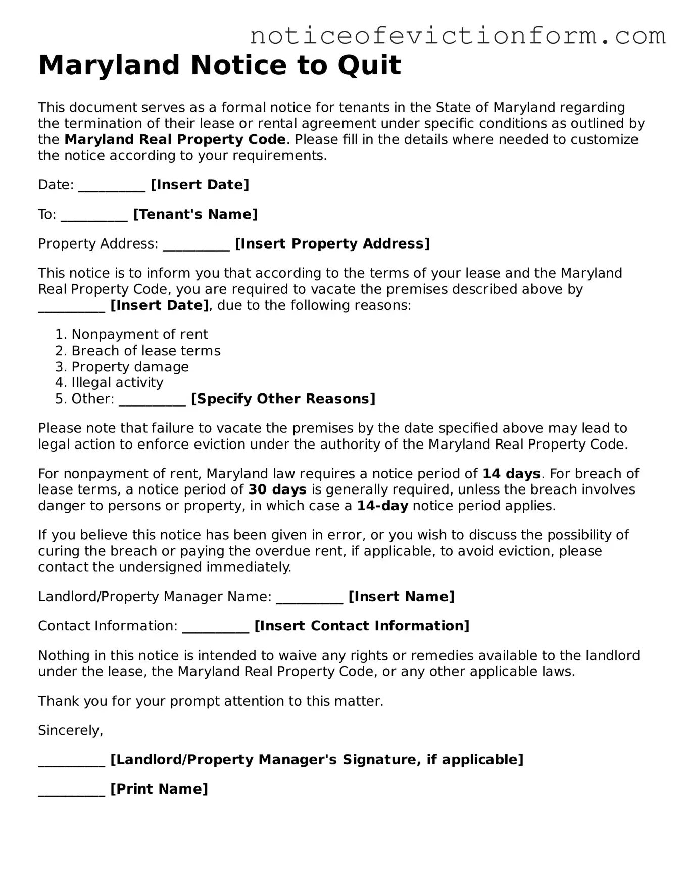 Valid  Notice to Quit Form for Maryland