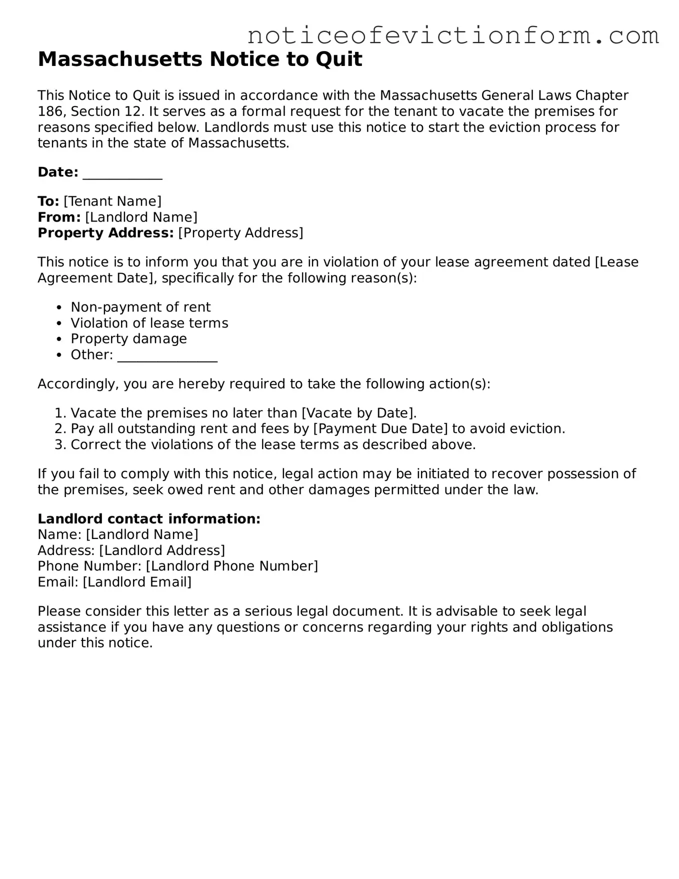 Valid  Notice to Quit Form for Massachusetts
