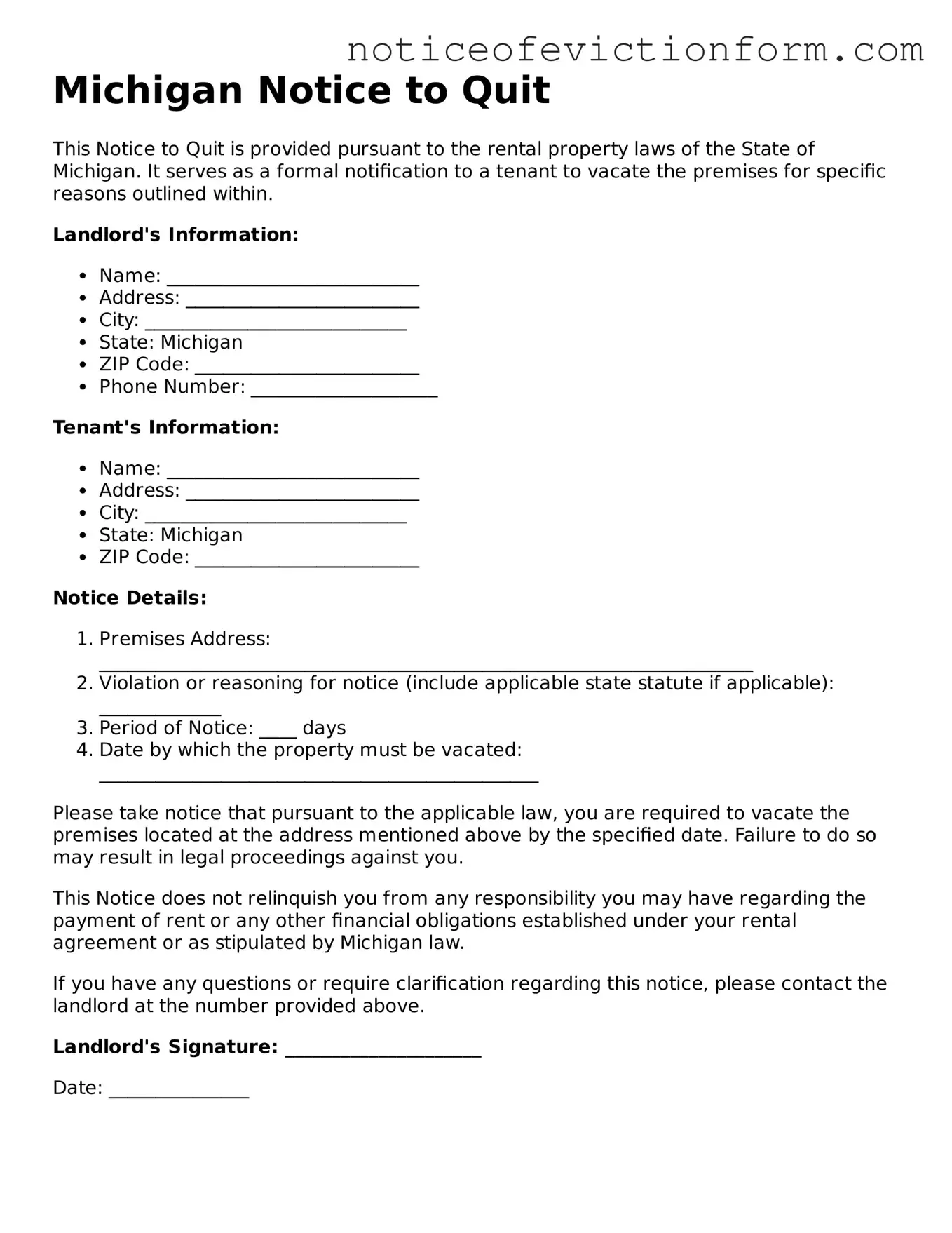 Valid  Notice to Quit Form for Michigan