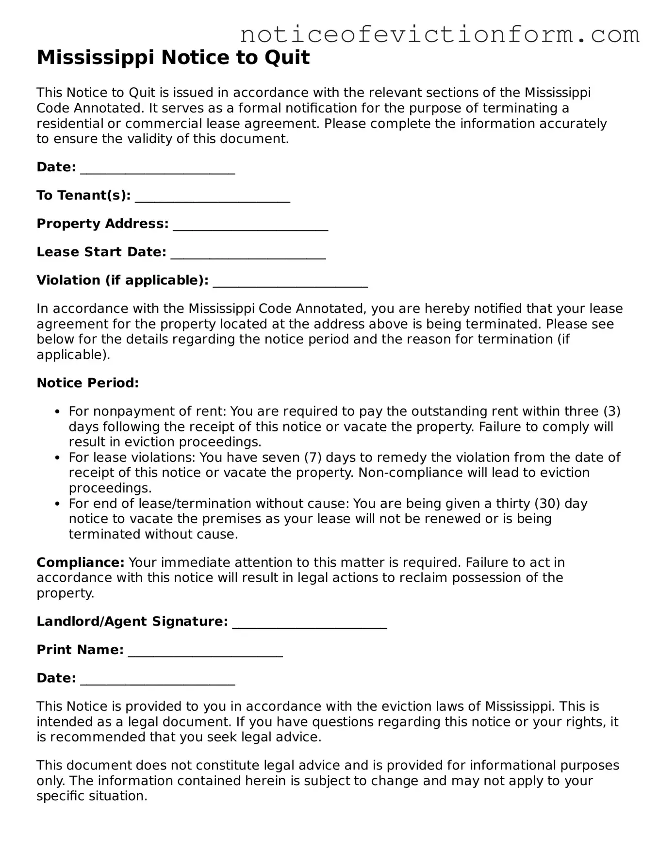 Valid  Notice to Quit Form for Mississippi