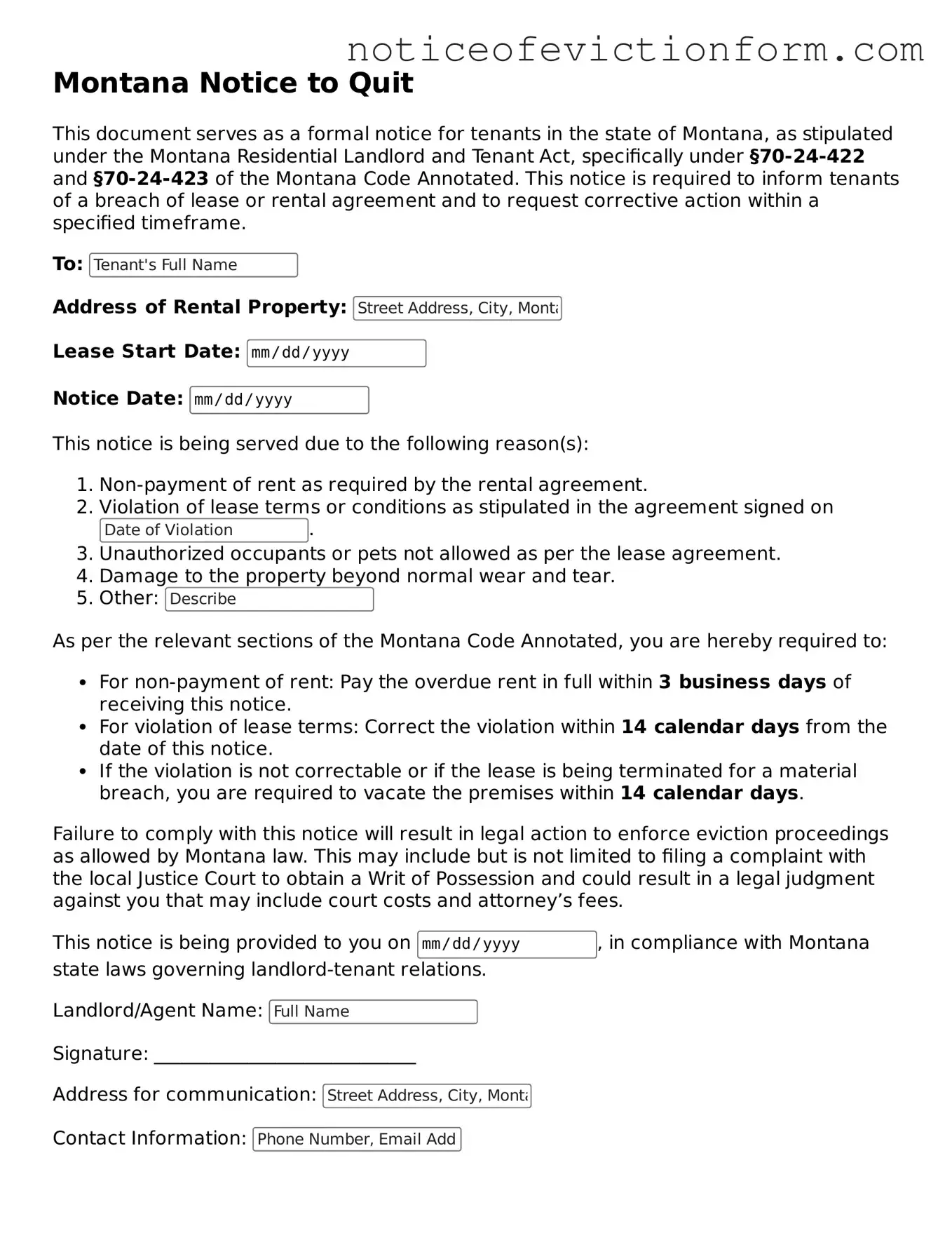 Valid  Notice to Quit Form for Montana