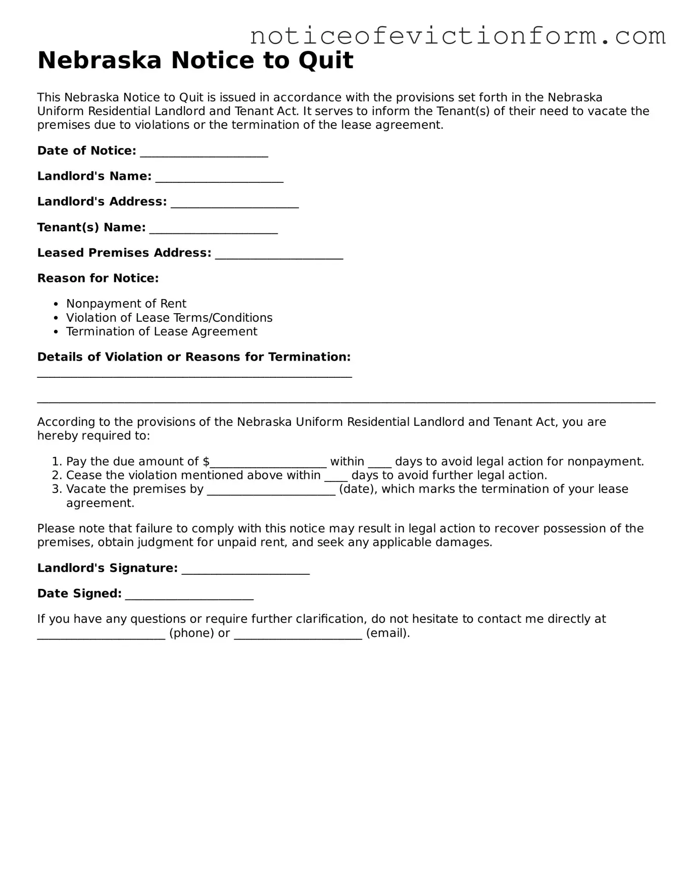 Valid  Notice to Quit Form for Nebraska
