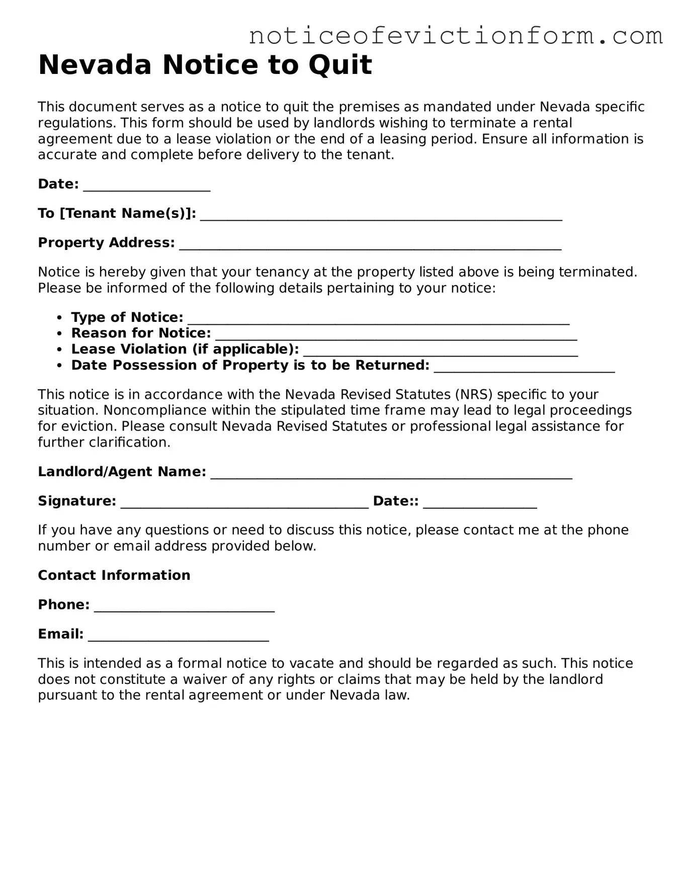 Valid  Notice to Quit Form for Nevada