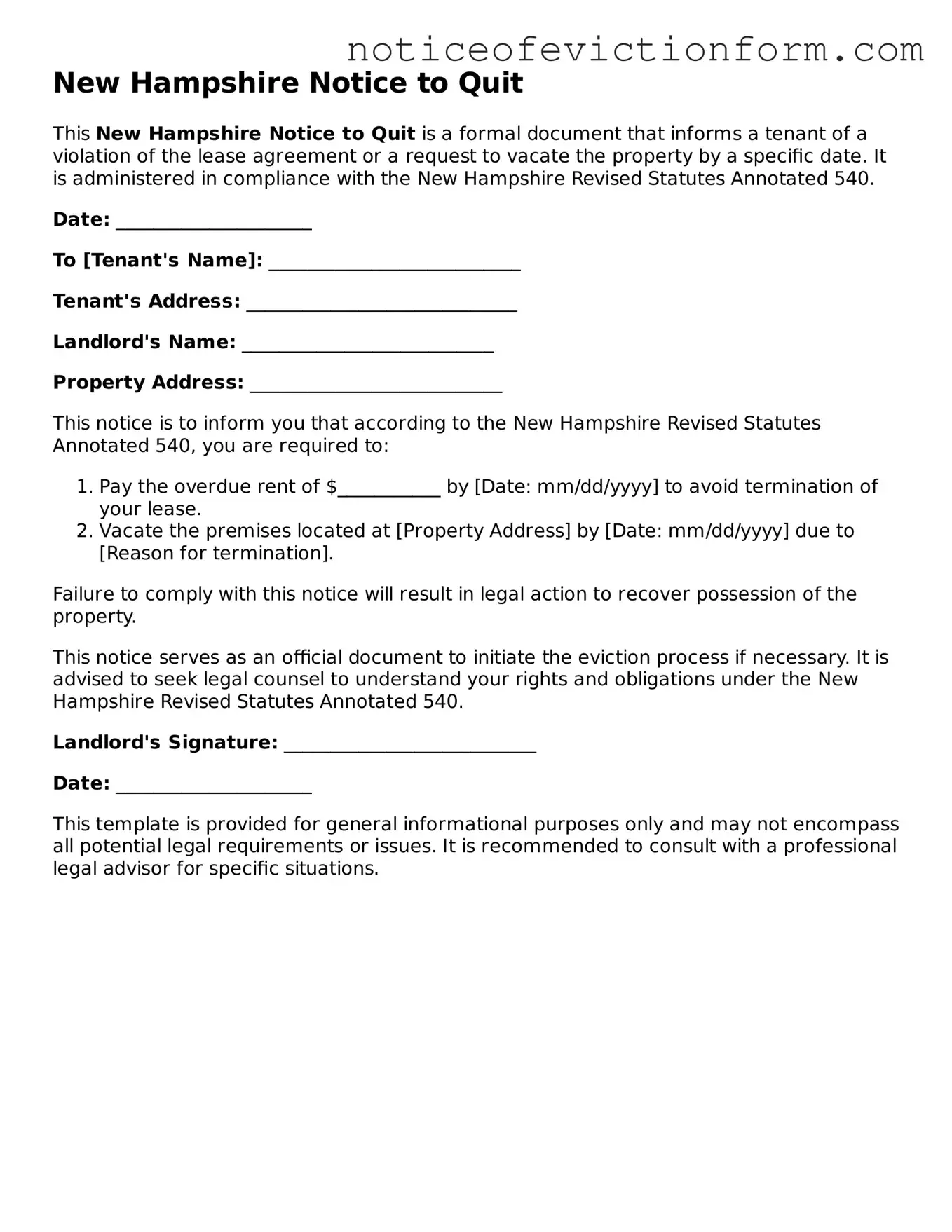 Valid  Notice to Quit Form for New Hampshire