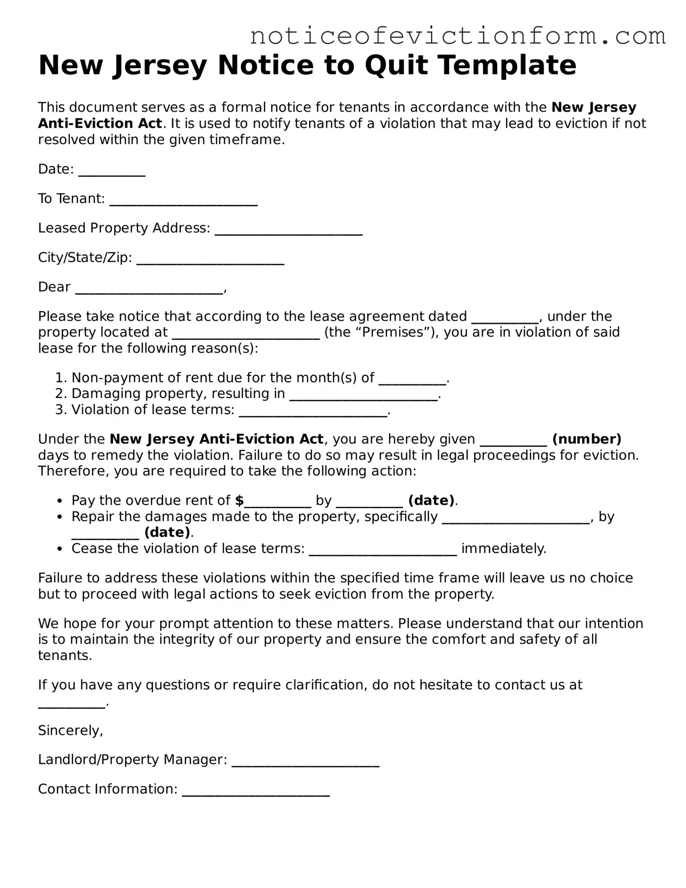 Valid  Notice to Quit Form for New Jersey