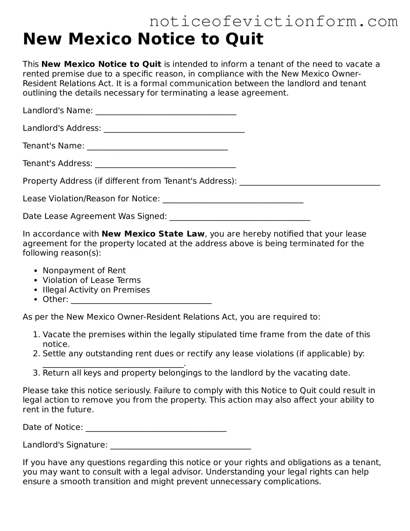 Valid  Notice to Quit Form for New Mexico