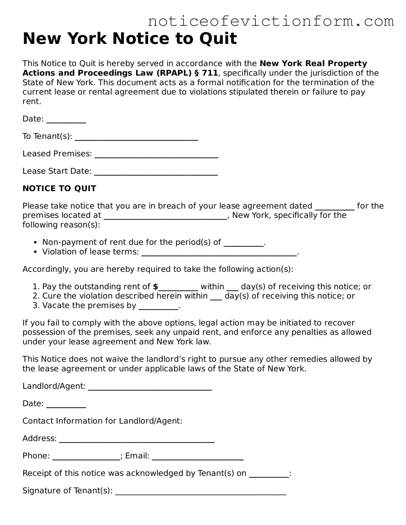 Valid  Notice to Quit Form for New York