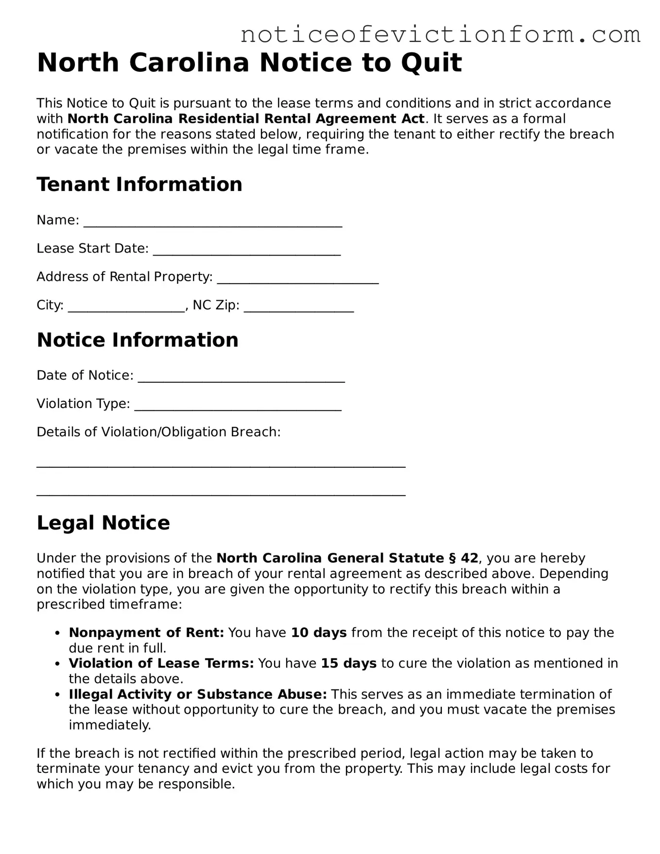 Valid  Notice to Quit Form for North Carolina