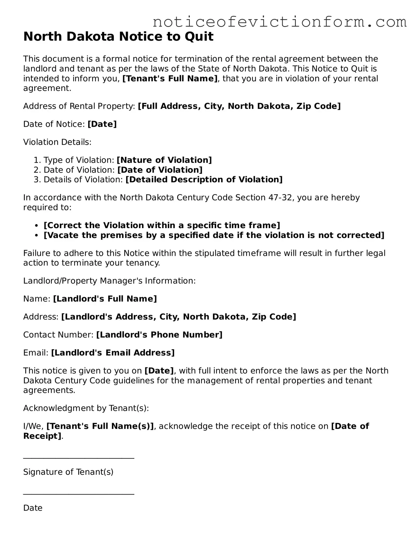 Valid  Notice to Quit Form for North Dakota