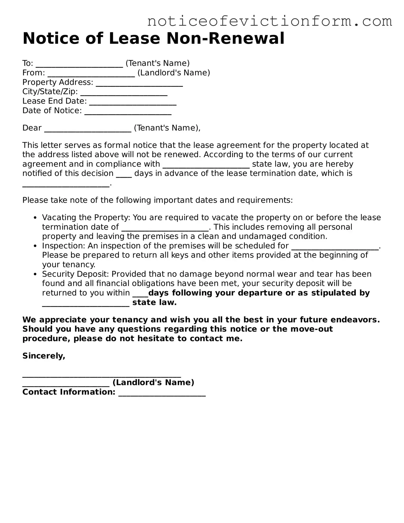 Fillable Notice of Lease Non-Renewal Form