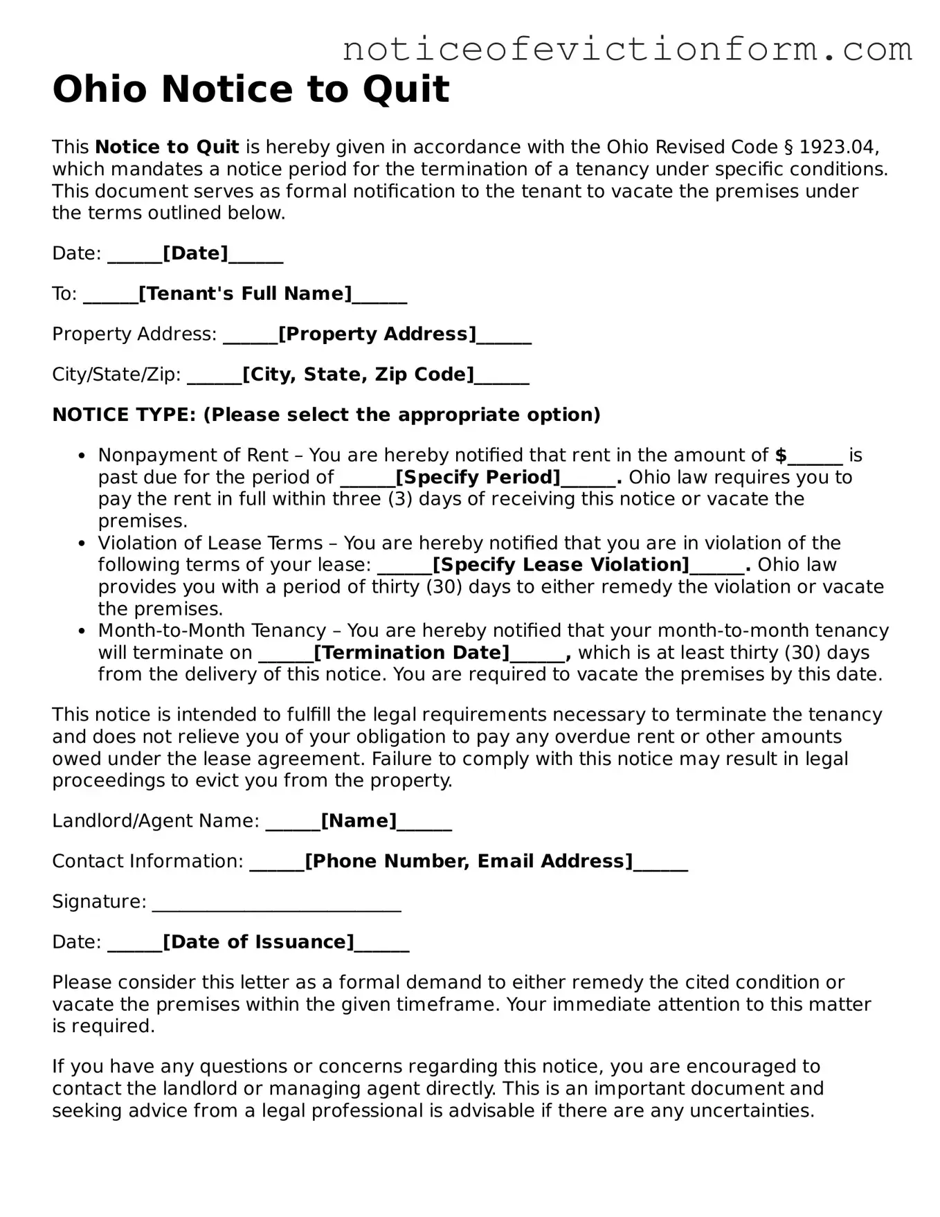 Valid  Notice to Quit Form for Ohio