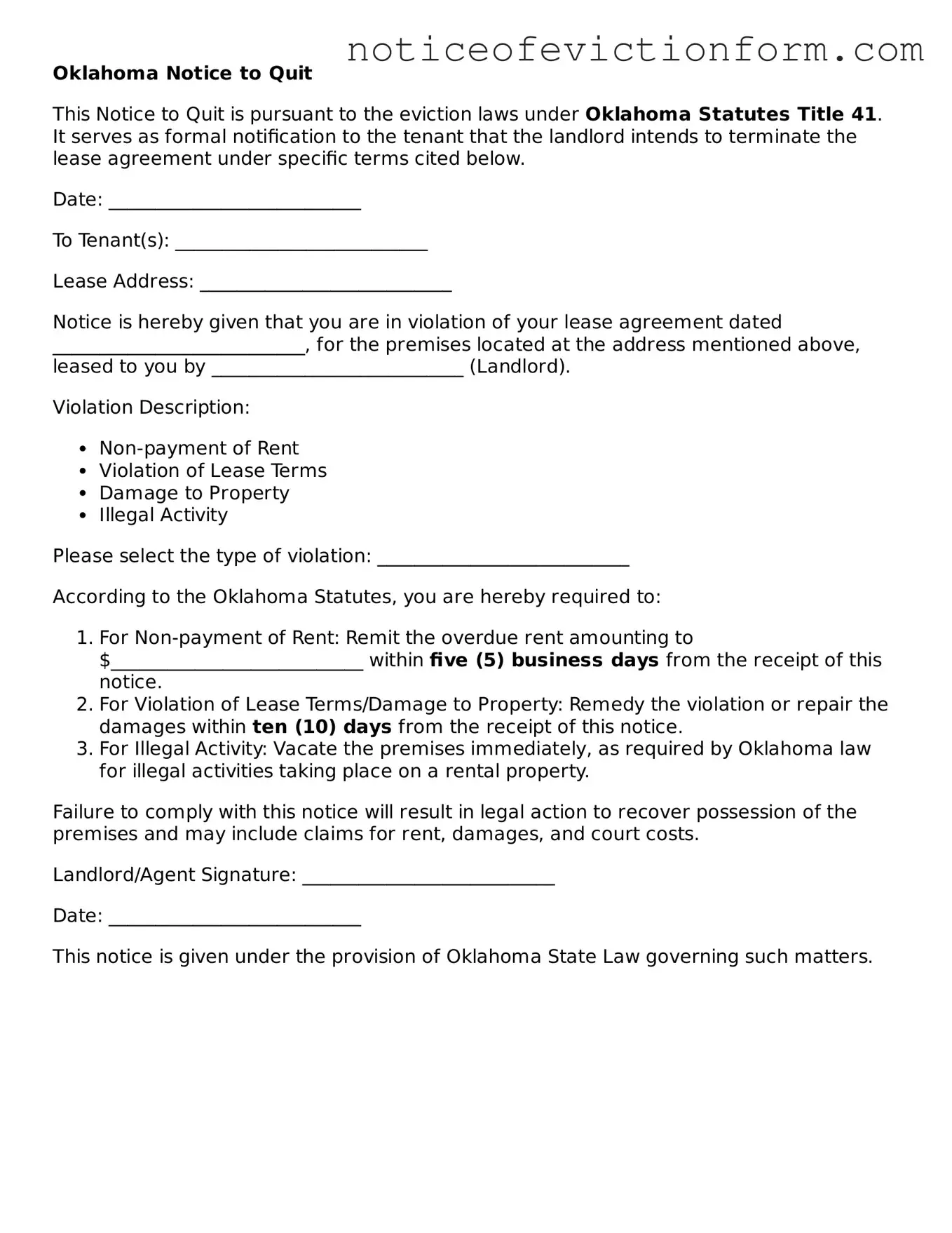 Valid  Notice to Quit Form for Oklahoma