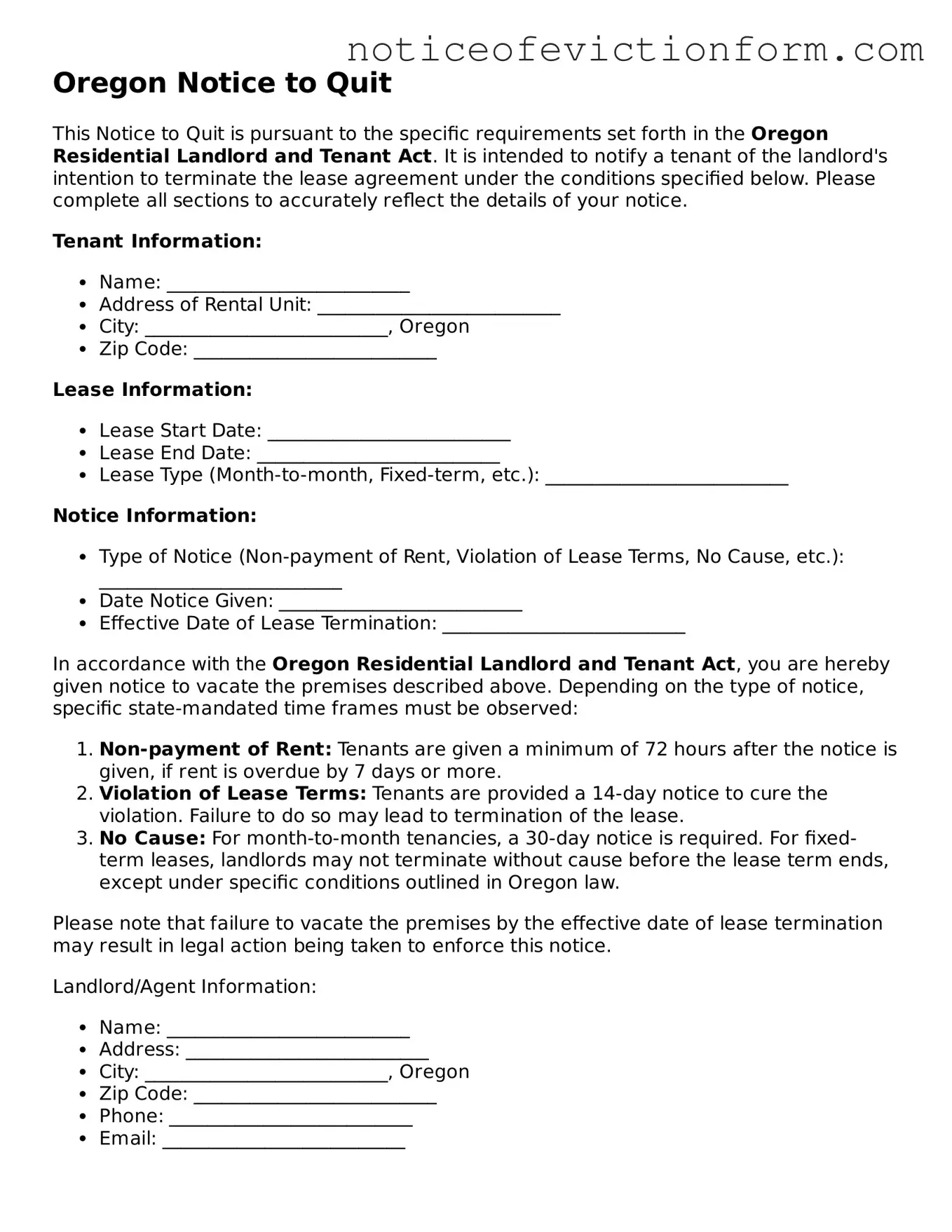 Valid  Notice to Quit Form for Oregon