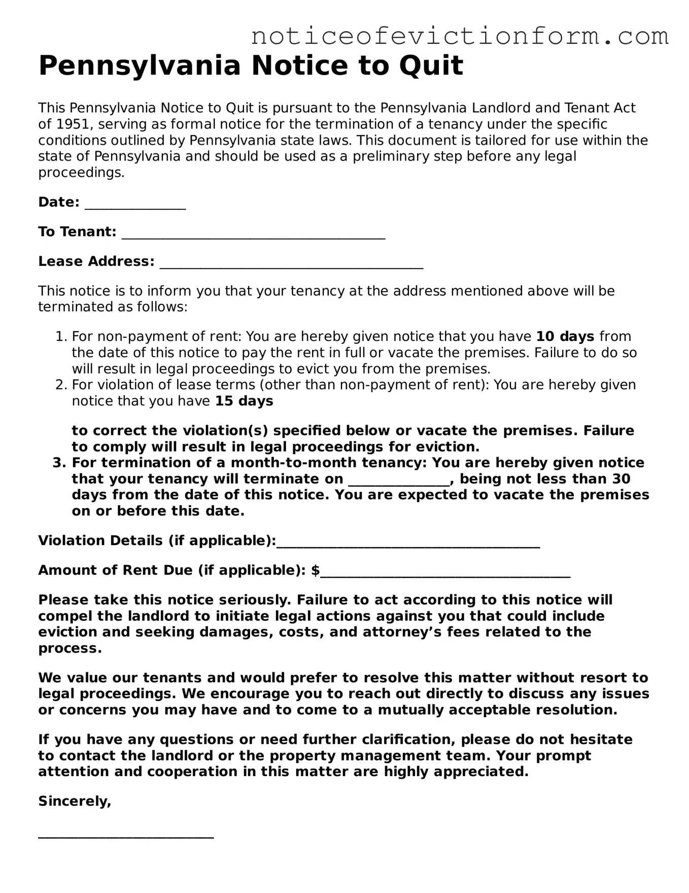 Valid  Notice to Quit Form for Pennsylvania