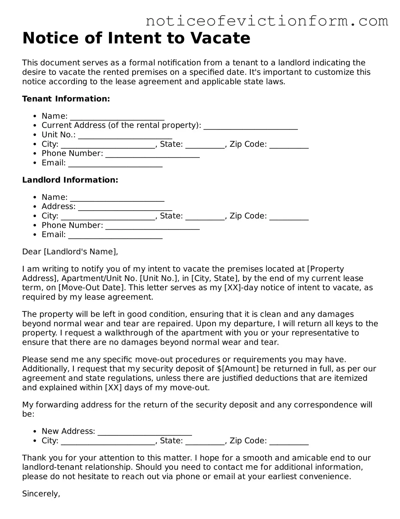 Fillable Notice of Intent to Vacate Form