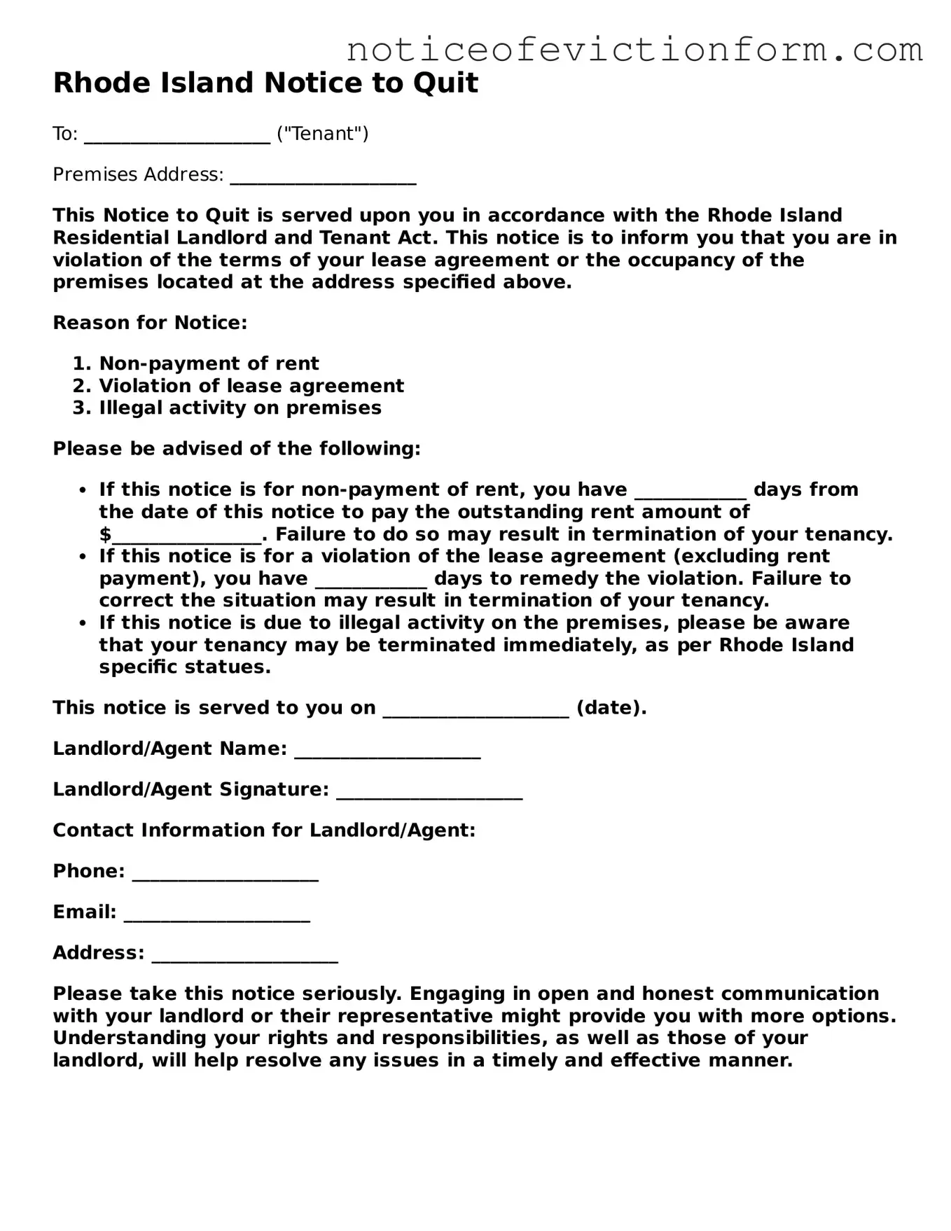 Valid  Notice to Quit Form for Rhode Island