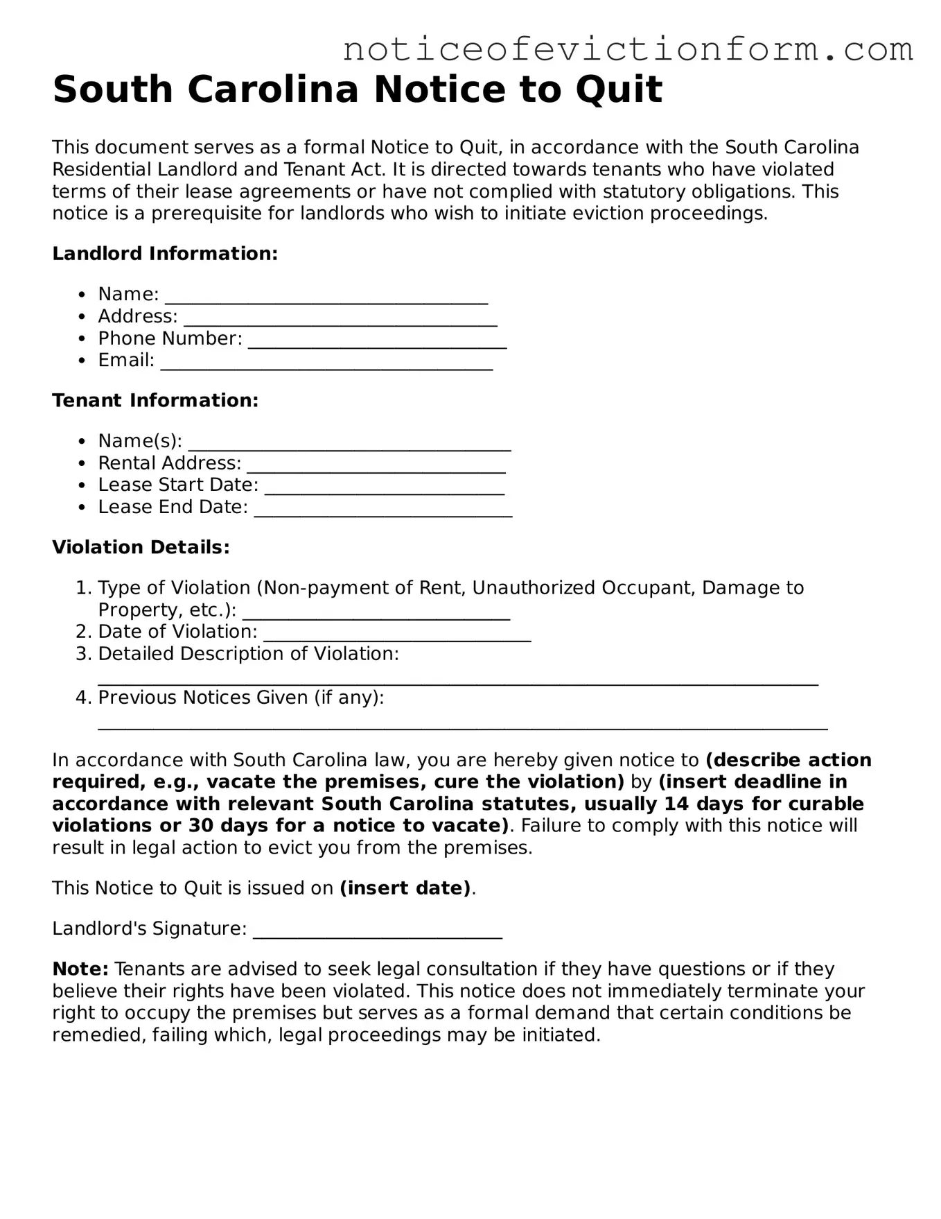 Valid  Notice to Quit Form for South Carolina
