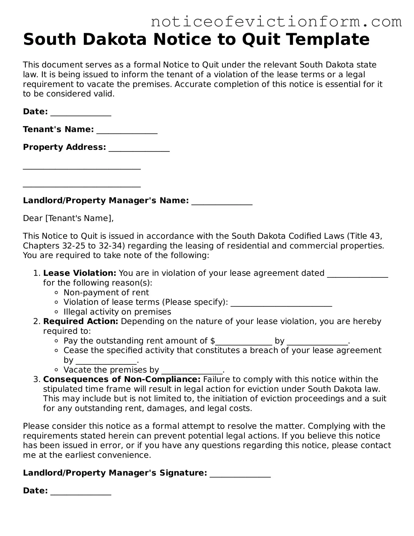 Valid  Notice to Quit Form for South Dakota