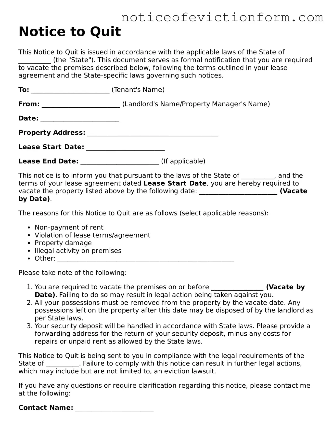 Fillable Notice to Quit Form