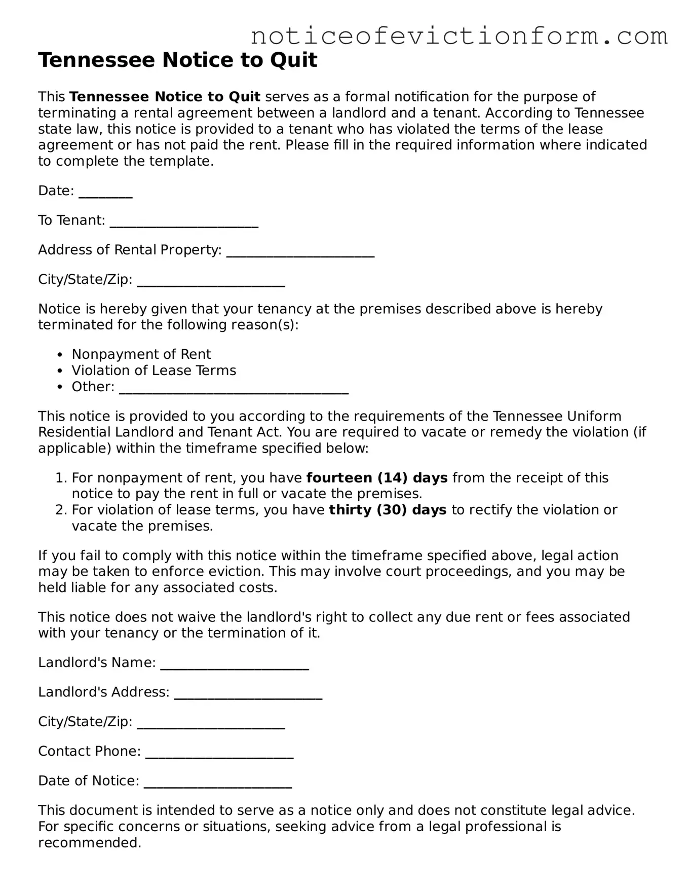 Valid  Notice to Quit Form for Tennessee