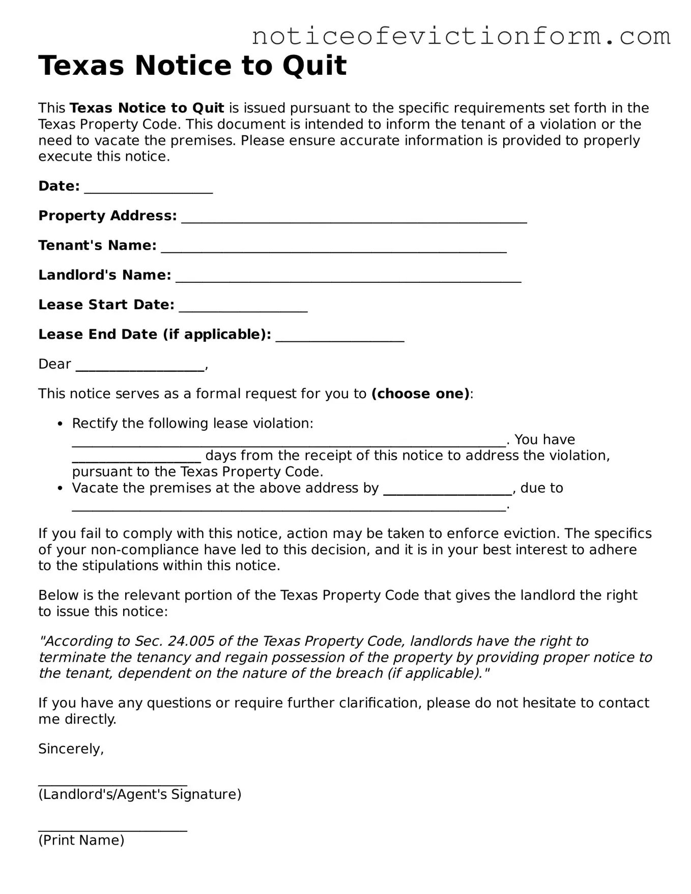 Valid  Notice to Quit Form for Texas
