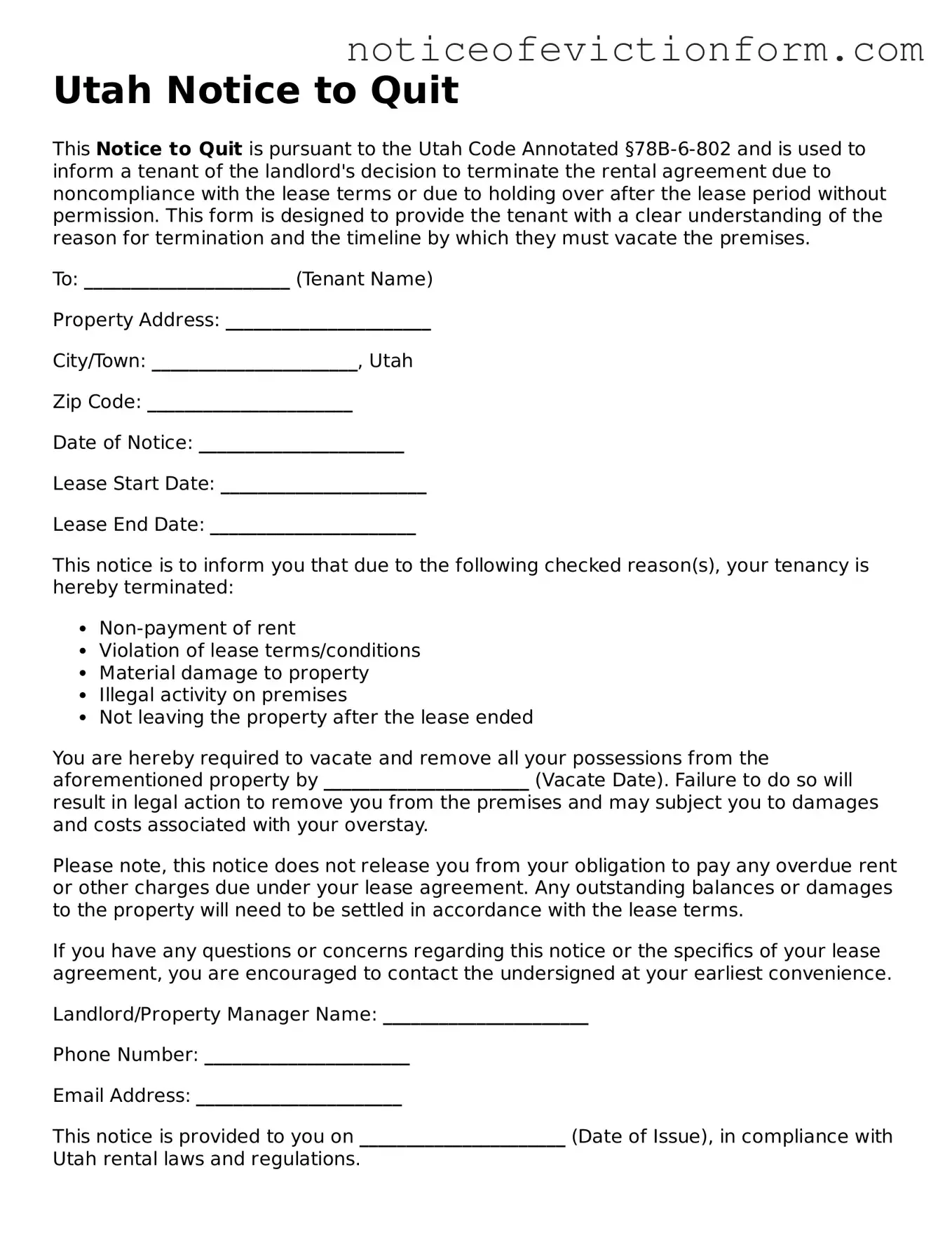 Valid  Notice to Quit Form for Utah