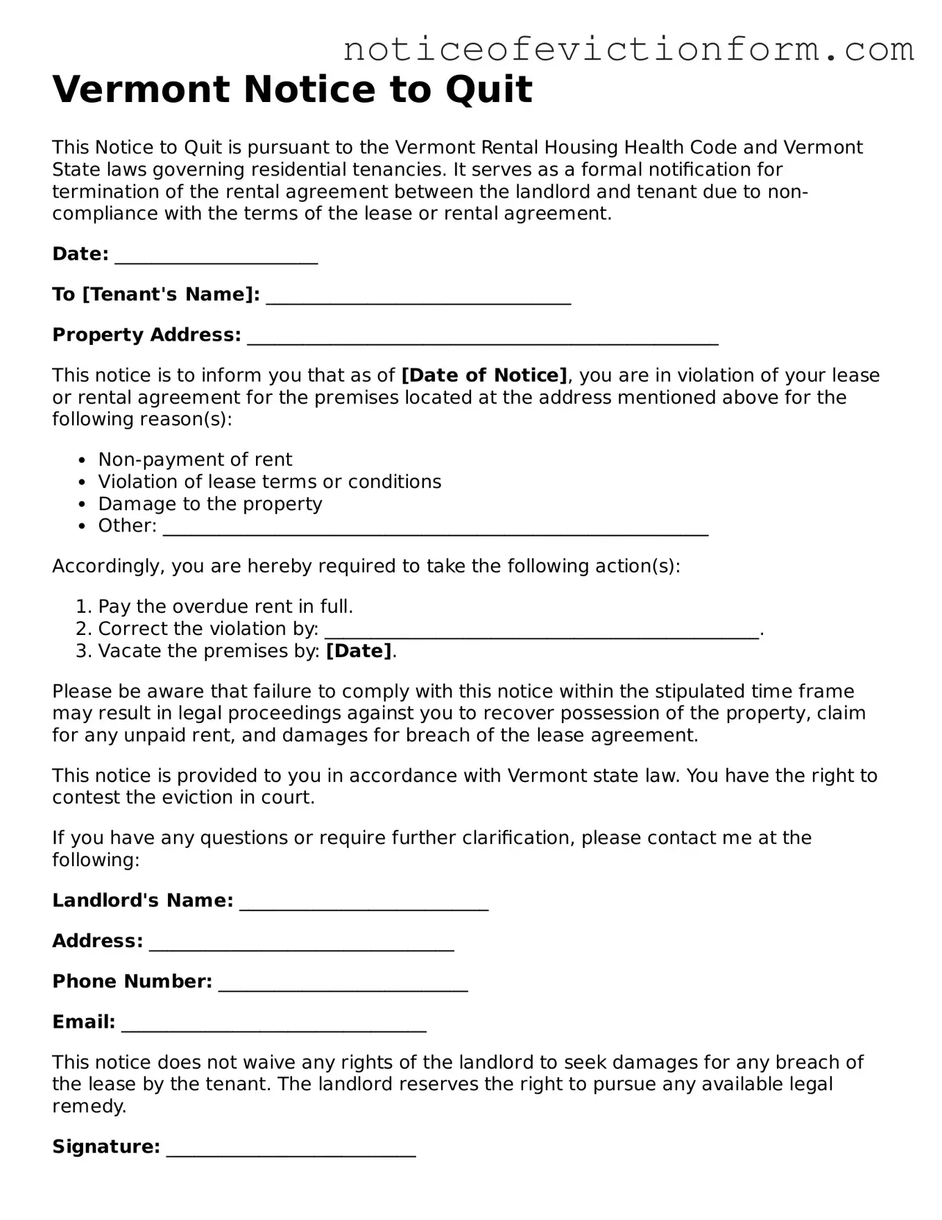 Valid  Notice to Quit Form for Vermont