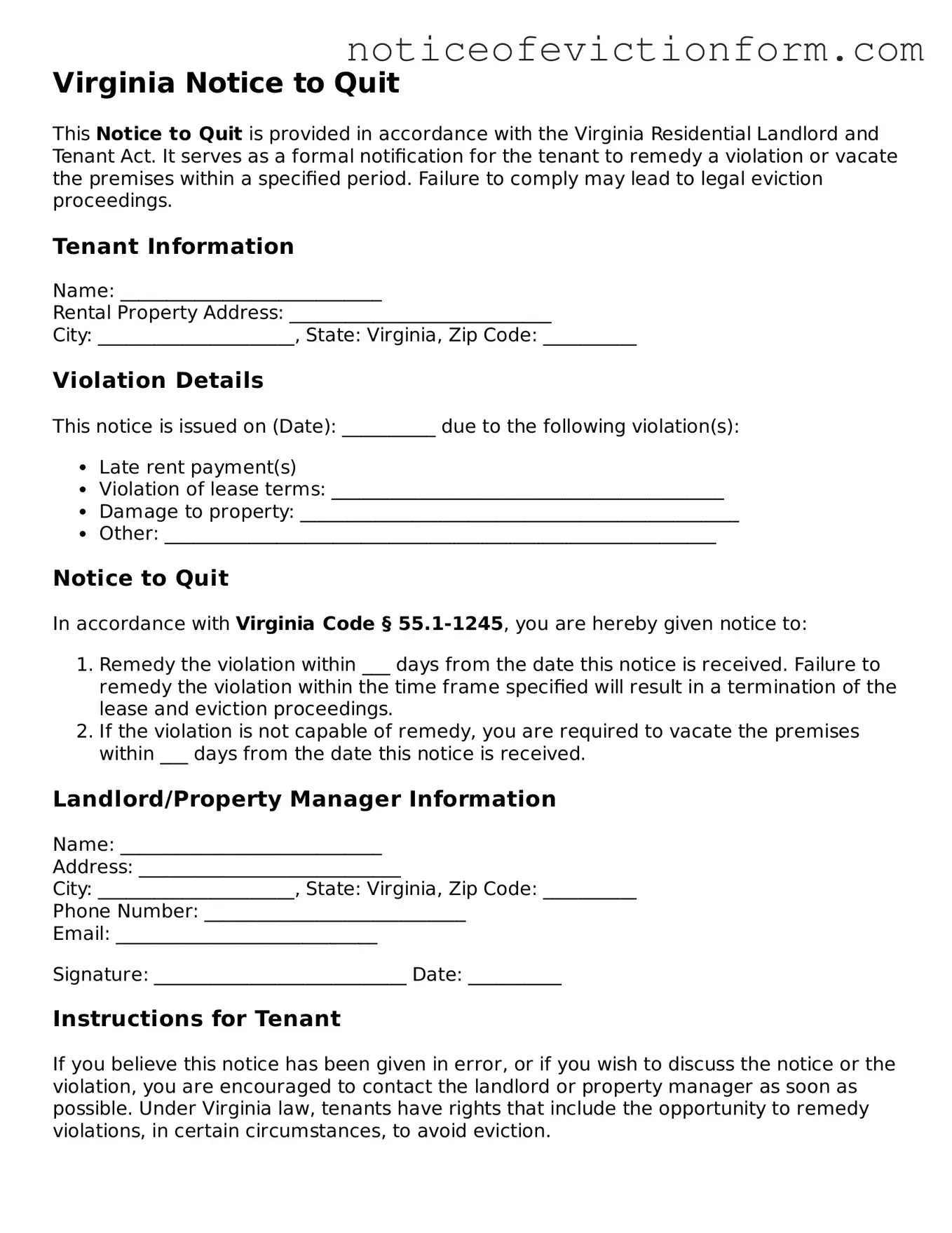 Valid  Notice to Quit Form for Virginia
