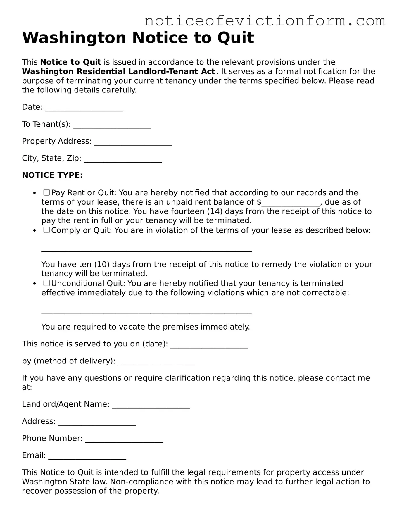 Valid  Notice to Quit Form for Washington