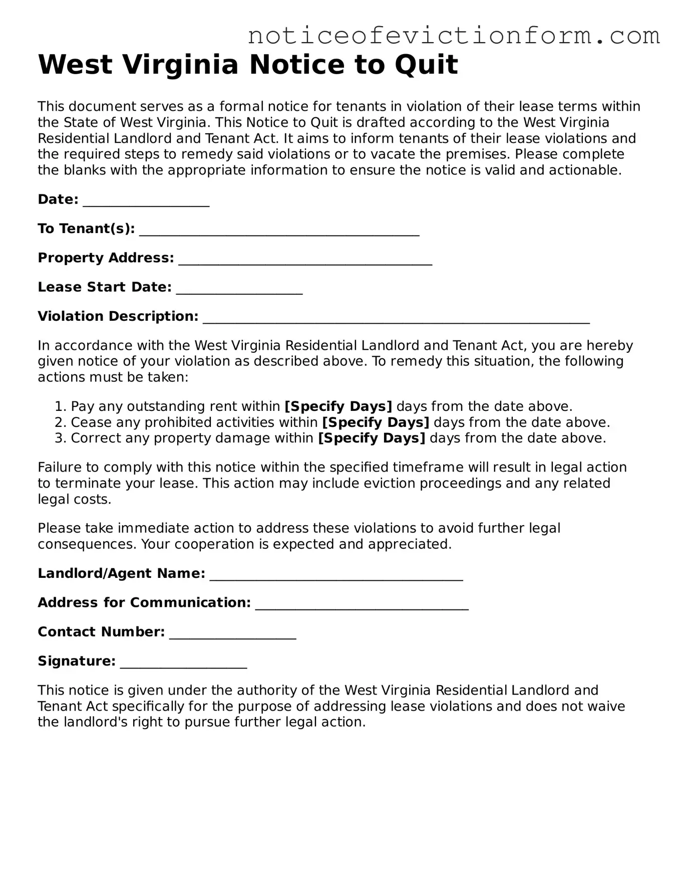 Valid  Notice to Quit Form for West Virginia