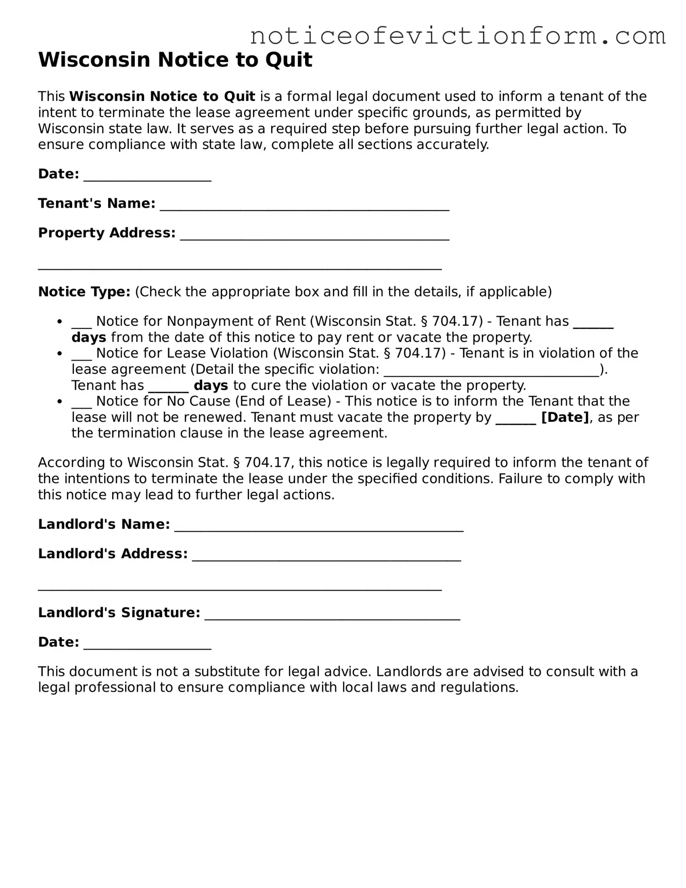 Valid  Notice to Quit Form for Wisconsin