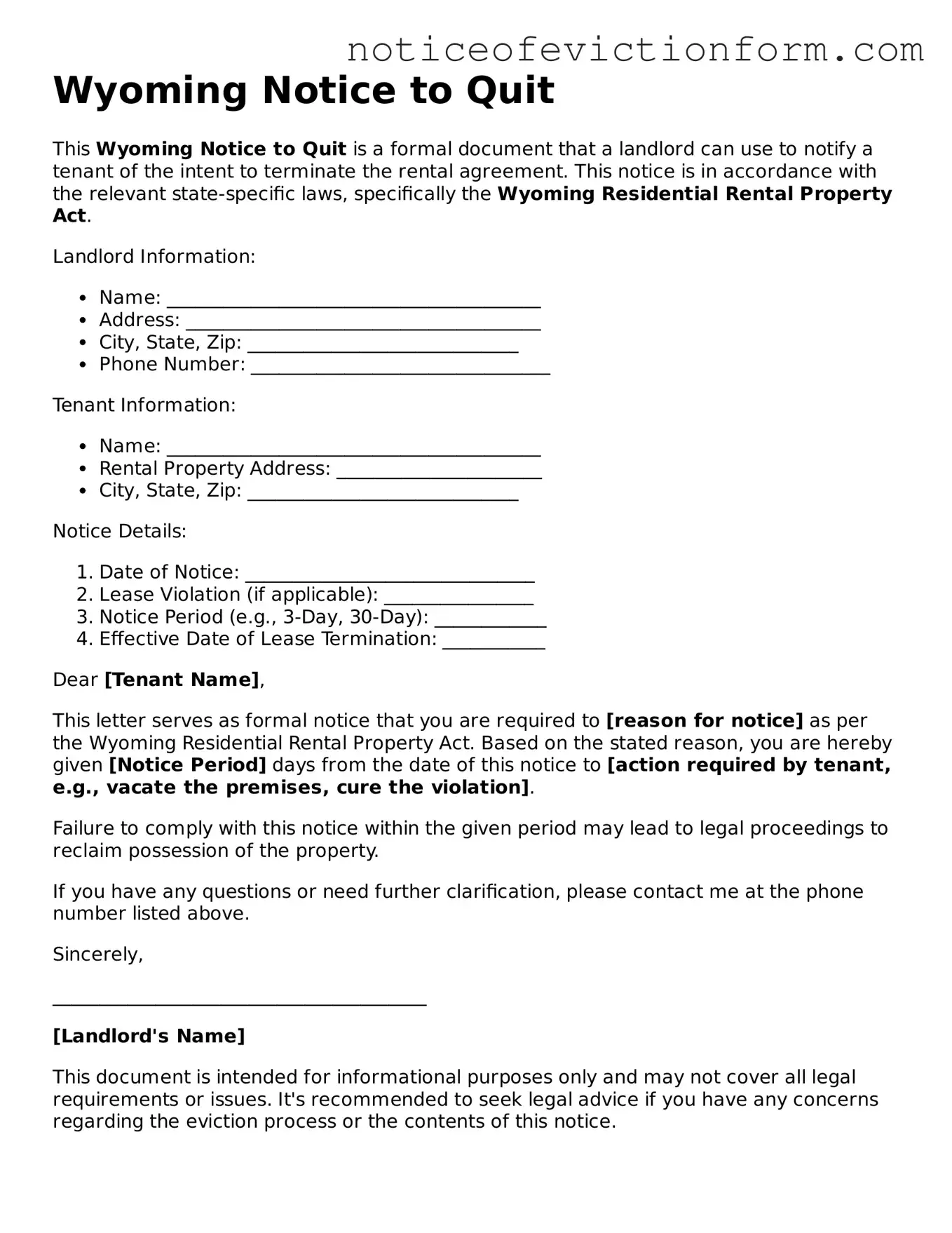 Valid  Notice to Quit Form for Wyoming